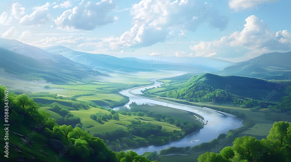 A scenic river winding through a valley, with rolling hills and distant mountains. A scenic river winding through a valley, with rolling hills and distant mountains.