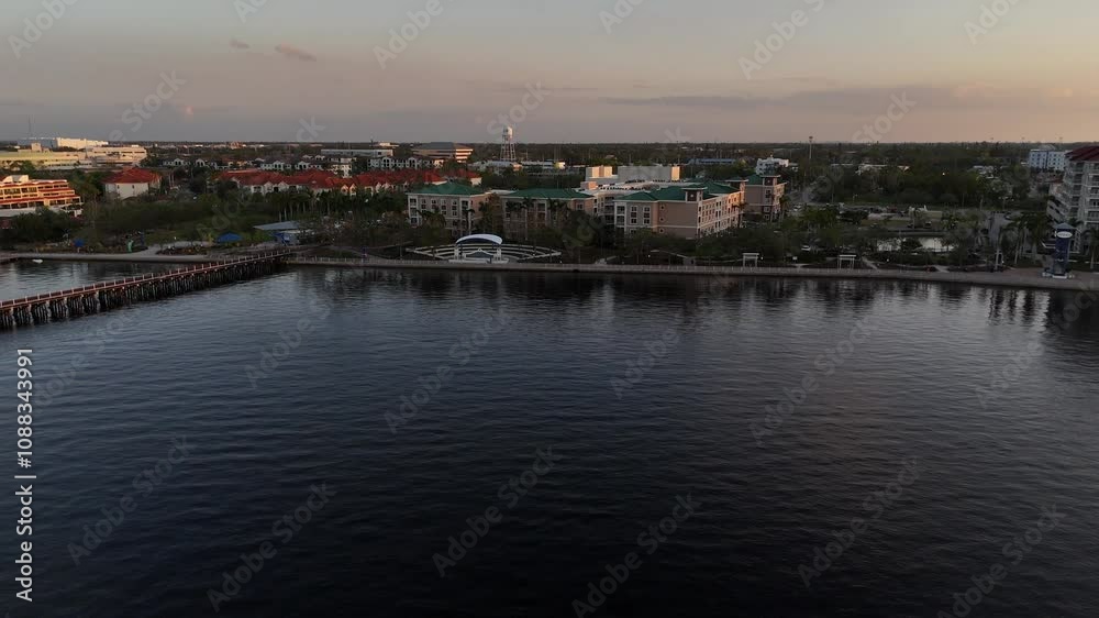 gorgeous golden view of Bradenton Florida from an aerial turning to reveal the entire coastline of the Manatee River riverwalk area gorgeous golden view of Bradenton Florida from an aerial turning to reveal the entire coastline of the Manatee River riverwalk area