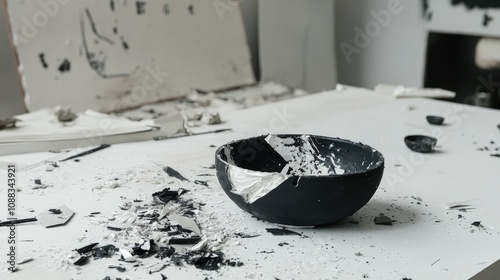 A shattered black pottery bowl sits on a stark white surface, encircled by fragments and debris, illustrating a chaotic and disorganized workspace filled with scattered materials.