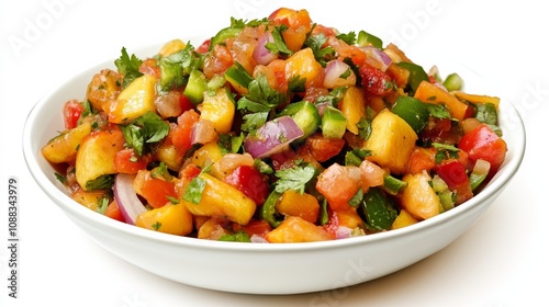 A bowl of tangy peach salsa with diced peaches, bell peppers, red onions