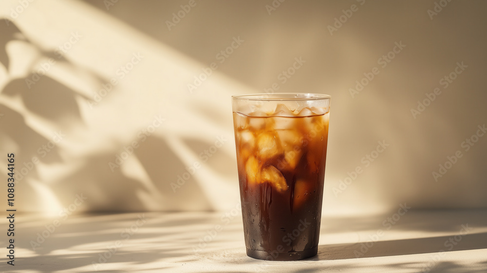 Iced coffee glass casting shadows on light background, creating serene vibe Iced coffee glass casting shadows on light background, creating serene vibe