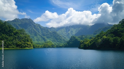 Tranquil lake reflecting majestic mountains under a blue sky, framed by verdant lush greenery and fluffy clouds creating a serene natural landscape.