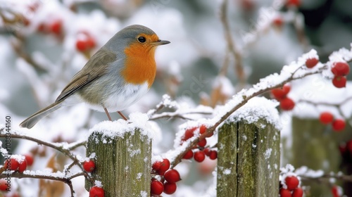 European Robin perched on a snowy garden fence surrounded by red berries, showcasing its distinctive orange breast in a winter landscape. photo