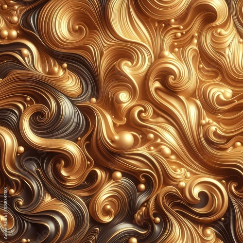 Luxurious abstract background with gold and silver baroque swirls.3D rendering of liquid metal creates a dynamic texture with flowing lines and spherical elements. Ideal for luxury projects and premiu photo