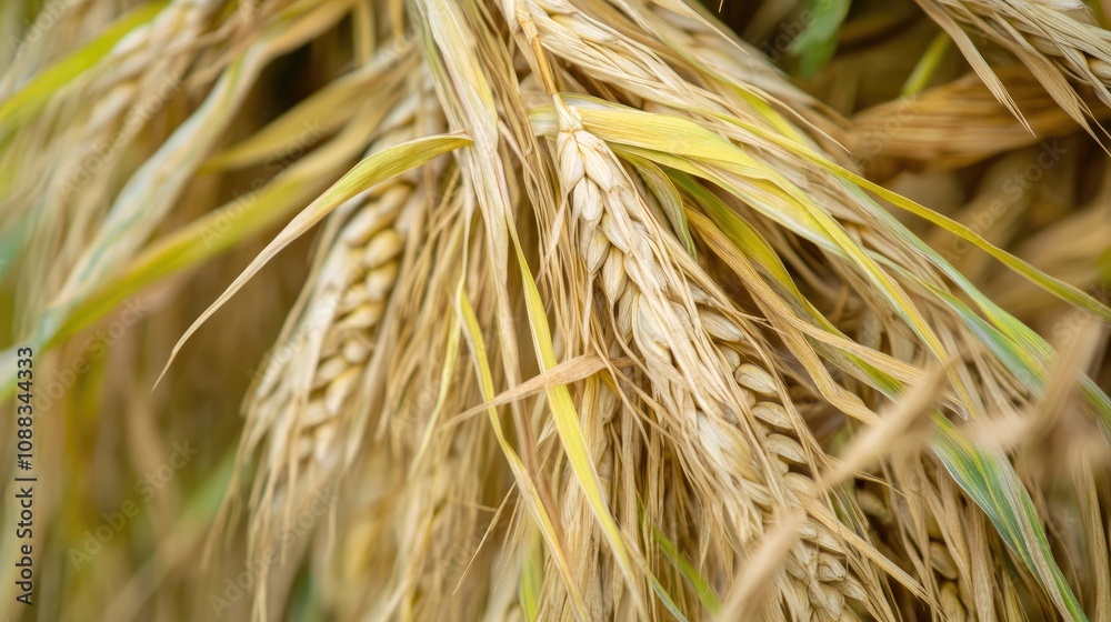 Close-Up of Ripe Wheat Stalks with Golden Hues Ready for Harvesting Showcasing Detailed Grain and Textured Leaves Close-Up of Ripe Wheat Stalks with Golden Hues Ready for Harvesting Showcasing Detailed Grain and Textured Leaves