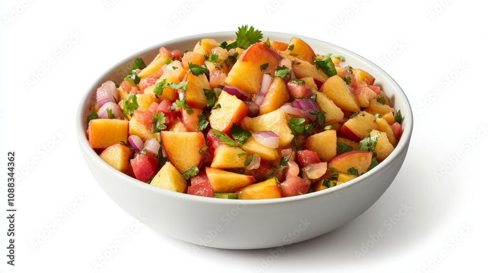 A bowl of tangy peach salsa with diced peaches, red bell pepper, red onion