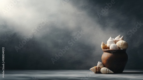 Assortment of seashells elegantly displayed in a rustic container against a soft gray backdrop with dramatic lighting. photo