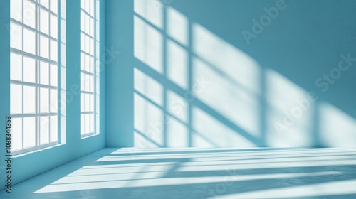 Minimalist light blue interior showcasing soft shadows and light patterns from windows on a textured plaster wall, perfect for product display.