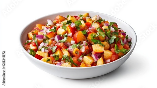 A bowl of tangy peach salsa with diced peaches, red bell pepper, red onion