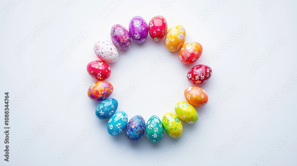 Vibrant circular display of beautifully decorated Easter eggs in various colors arranged on a clean white background Vibrant circular display of beautifully decorated Easter eggs in various colors arranged on a clean white background