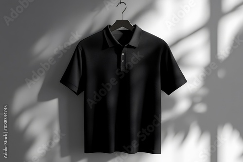 A plain black polo t-shirt for a mockup hanging on a hanger, front view.
