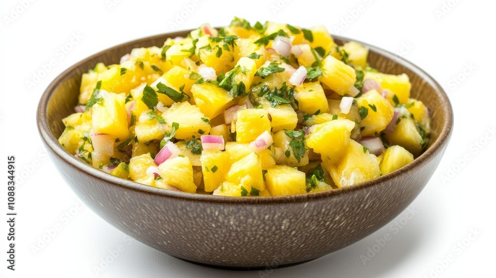 A bowl of tangy pineapple coconut salsa with diced pineapple, shredded coconut, jalapeno A bowl of tangy pineapple coconut salsa with diced pineapple, shredded coconut, jalapeno