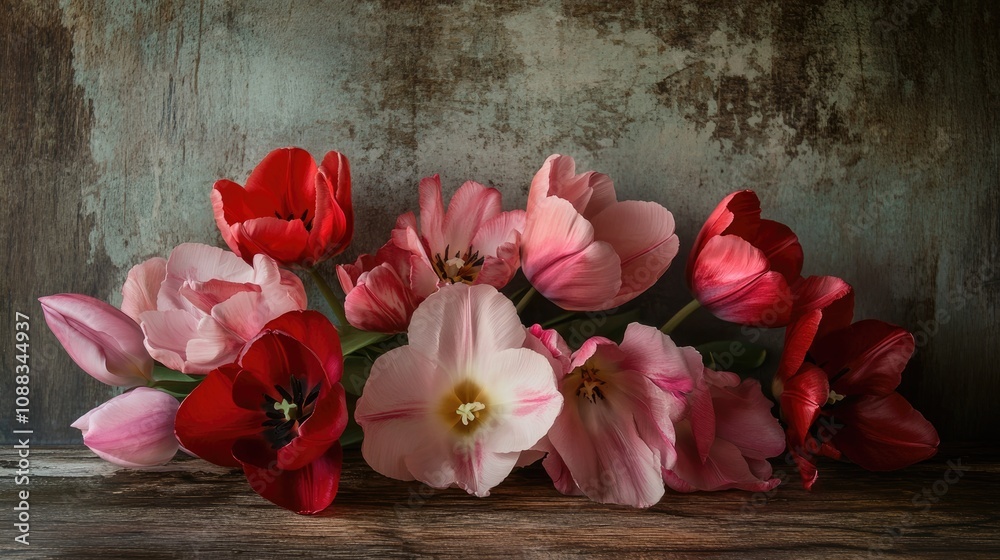 Vibrant arrangement of pink and red tulips resting elegantly on a rustic wooden surface, showcasing delicate petals and rich colors. Vibrant arrangement of pink and red tulips resting elegantly on a rustic wooden surface, showcasing delicate petals and rich colors.