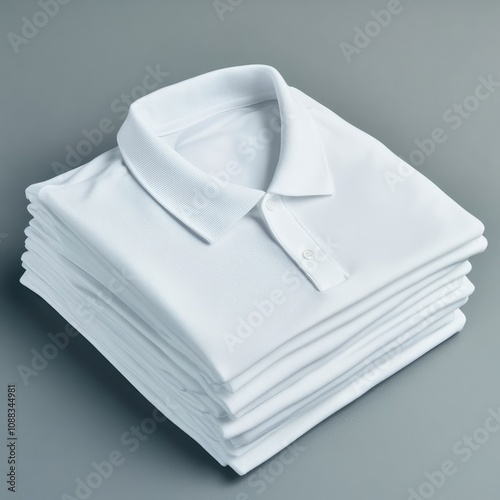A neat stack of plain white polo shirts, viewed from the side