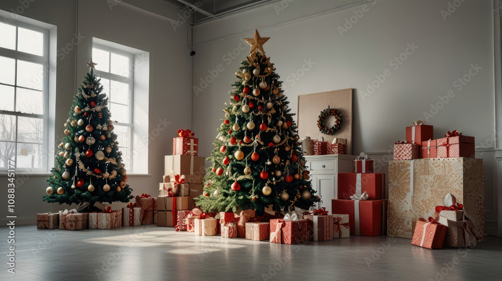 New Year's donations. Christmas toy drive. There is a large decorated Christmas tree in the room, with presents underneath. New Year's donations. Christmas toy drive. There is a large decorated Christmas tree in the room, with presents underneath.