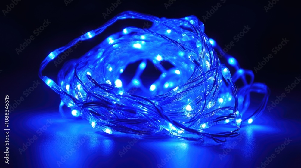 Flexible blue LED string lights featuring lightweight plastic construction, creating a vibrant glow and suitable for various decorative applications in dark settings. Flexible blue LED string lights featuring lightweight plastic construction, creating a vibrant glow and suitable for various decorative applications in dark settings.