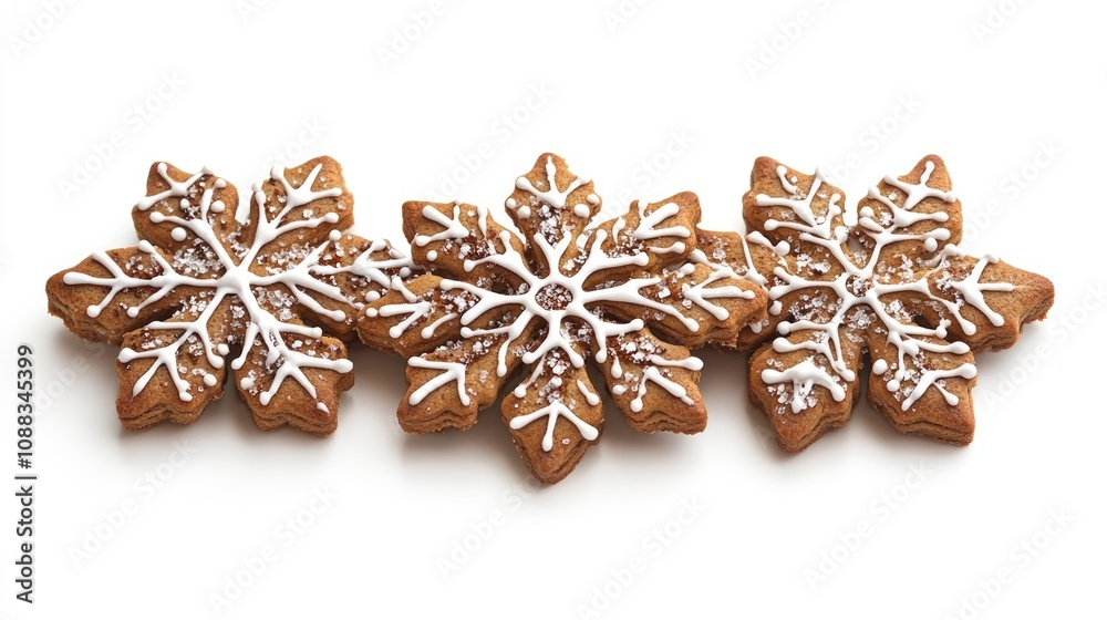 Gingerbread snowflake cookies decorated with white icing and detailed sugar accents on a clean white background