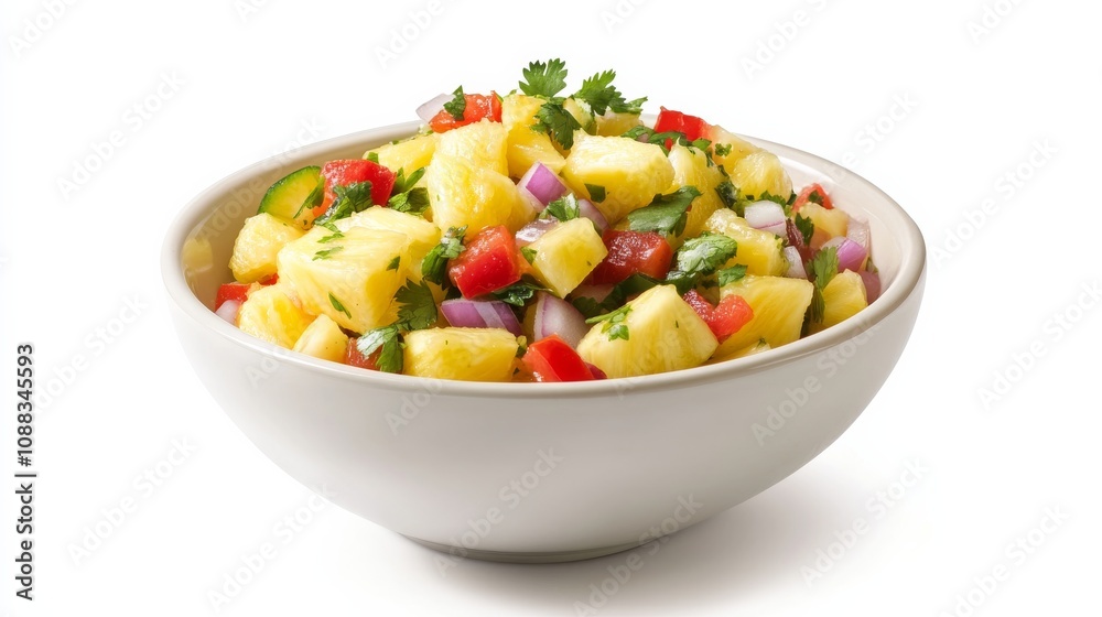 A bowl of tangy pineapple salsa with diced pineapple, red bell pepper, red onion A bowl of tangy pineapple salsa with diced pineapple, red bell pepper, red onion