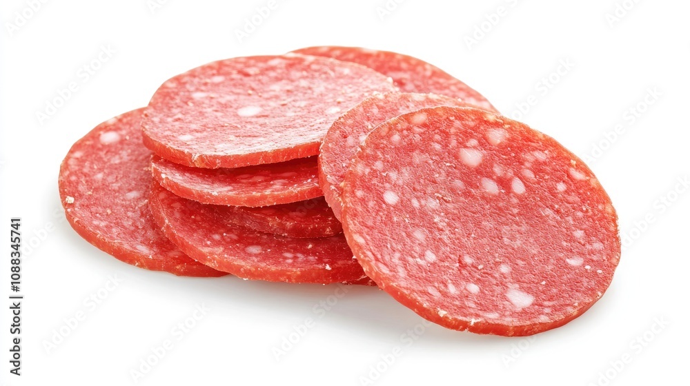 Freshly sliced rounds of salami showcasing vibrant red color and white specks, arranged on a clean white background for a clean and appetizing presentation. Freshly sliced rounds of salami showcasing vibrant red color and white specks, arranged on a clean white background for a clean and appetizing presentation.