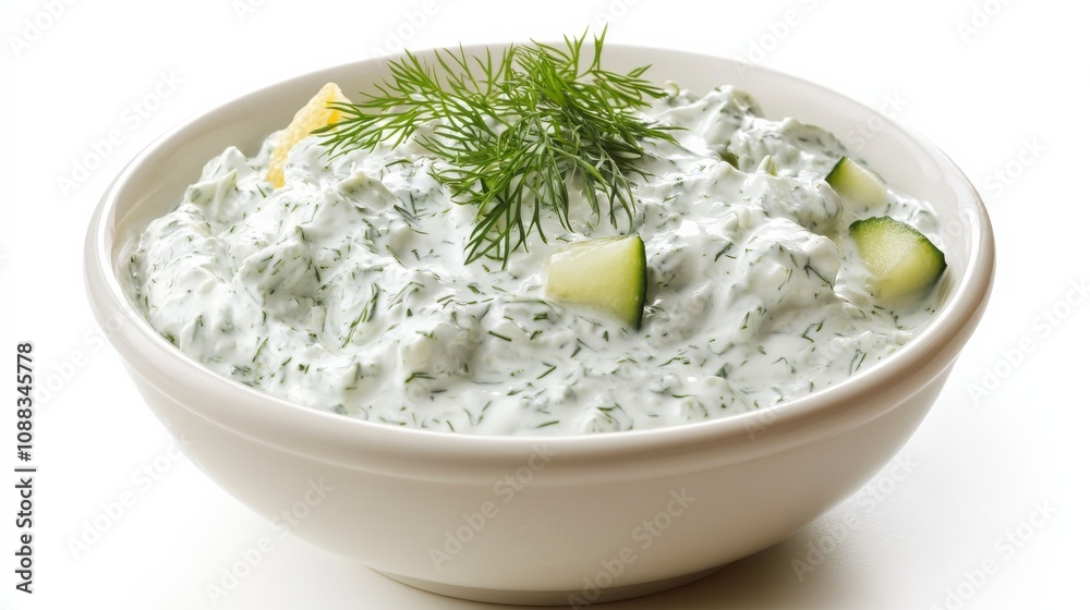 A bowl of tangy tzatziki sauce made with Greek yogurt, cucumber, garlic A bowl of tangy tzatziki sauce made with Greek yogurt, cucumber, garlic