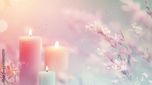 Serene pastel background with flickering candles and delicate flowers, creating a tranquil atmosphere perfect for memorials or remembrance occasions. photo