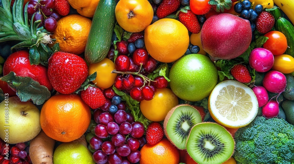 Vibrant assortment of fresh fruits and vegetables including strawberries, kiwis, oranges, and leafy greens arranged artistically on a colorful background. Vibrant assortment of fresh fruits and vegetables including strawberries, kiwis, oranges, and leafy greens arranged artistically on a colorful background.
