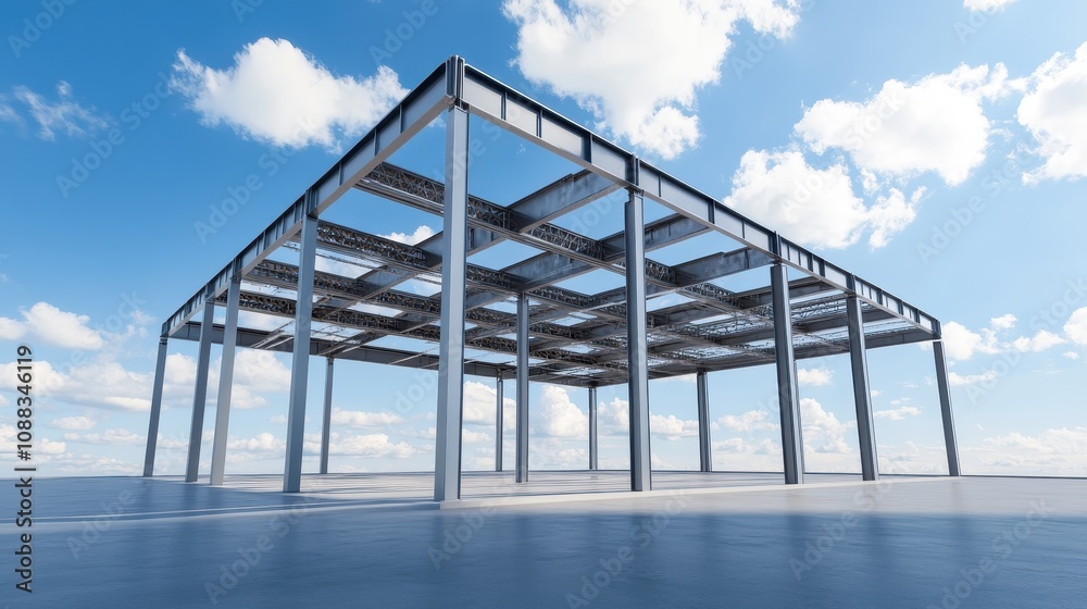 Construction progress of modern steel structure urban area architecture open sky wide angle industrial development Construction progress of modern steel structure urban area architecture open sky wide angle industrial development
