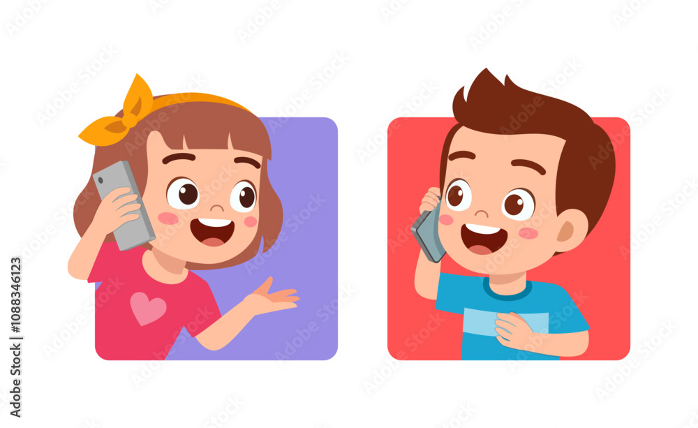little kid communicate call using phone to friend little kid communicate call using phone to friend