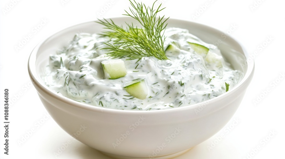 A bowl of tangy tzatziki sauce with cucumber, Greek yogurt, garlic A bowl of tangy tzatziki sauce with cucumber, Greek yogurt, garlic
