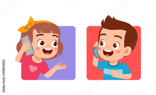 little kid communicate call using phone to friend