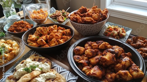 An array of traditional Indian dishes including flavorful chicken tikka masala, tandoori chicken, and an assortment of vibrant appetizers served in elegant bowls.