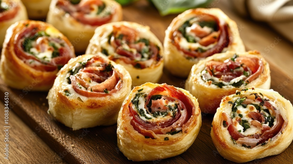 Savory mozzarella, basil, and prosciutto spirals baked to golden perfection, arranged beautifully on a wooden board, ideal for appetizers or party platters. Savory mozzarella, basil, and prosciutto spirals baked to golden perfection, arranged beautifully on a wooden board, ideal for appetizers or party platters.