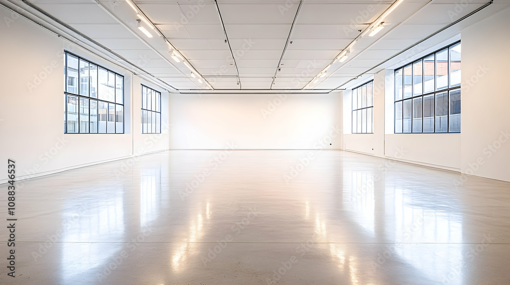 Empty White Room with Large Windows and a Smooth Concrete Floor with Reflections of Light Empty White Room with Large Windows and a Smooth Concrete Floor with Reflections of Light