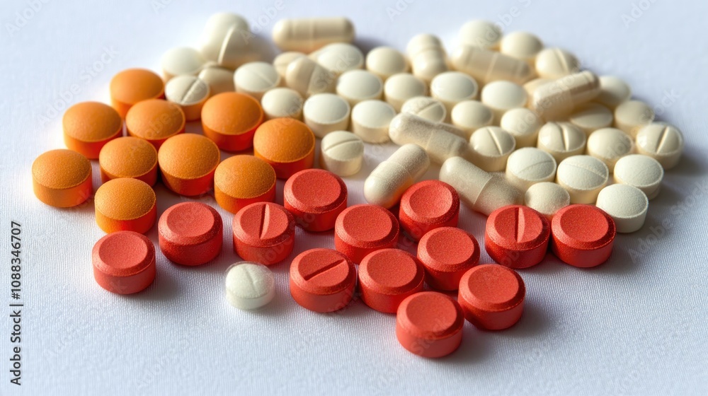 Vibrant flat lay of colorful pills in various shapes and sizes illustrating drug interactions with ample copy space for text or details. Vibrant flat lay of colorful pills in various shapes and sizes illustrating drug interactions with ample copy space for text or details.
