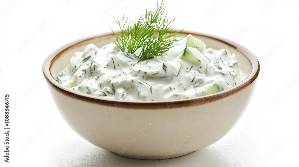 A bowl of tangy tzatziki sauce with grated cucumber, garlic, dill A bowl of tangy tzatziki sauce with grated cucumber, garlic, dill