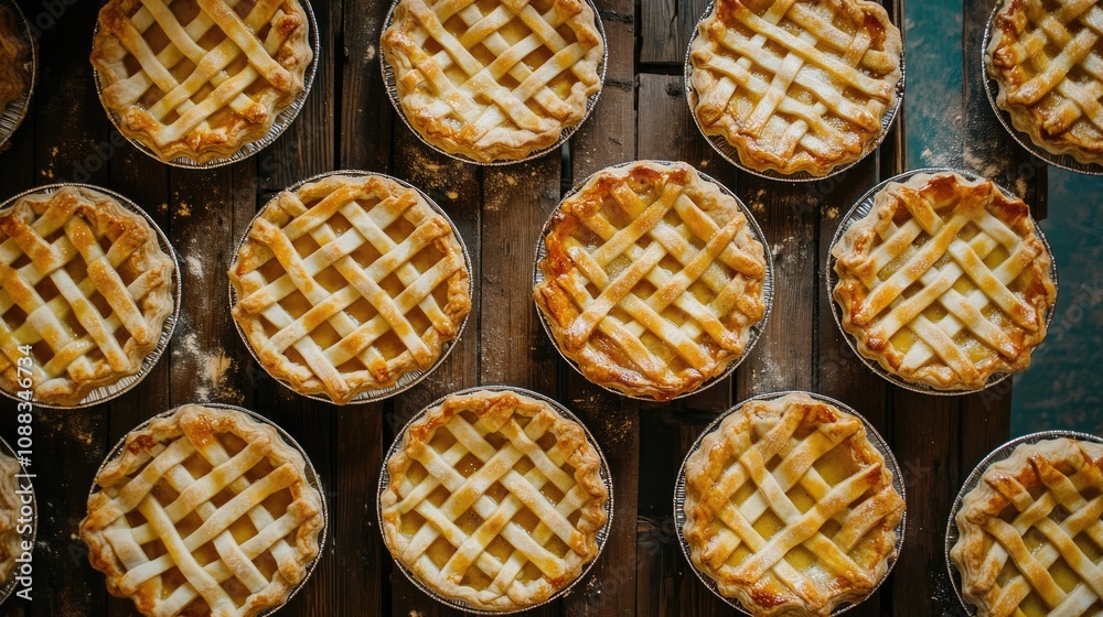 Lattice-topped pies arranged in circular tins, showcasing golden crusts and autumn flavors, set against a rustic wooden table surface. Lattice-topped pies arranged in circular tins, showcasing golden crusts and autumn flavors, set against a rustic wooden table surface.