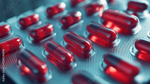 Close-up view of shiny red capsules arranged in a silver blister pack, highlighting themes of healthcare and medication essentials. photo