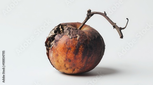 Decayed apple with visible signs of spoilage and disease, featuring a shriveled stem against a white backdrop, highlighting its deteriorating condition. photo