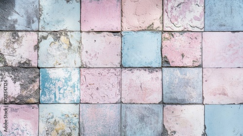 Vintage patchwork tiles in soft pink and blue arranged in a unique motif against a textured stone concrete wall, creating a charming background panorama.