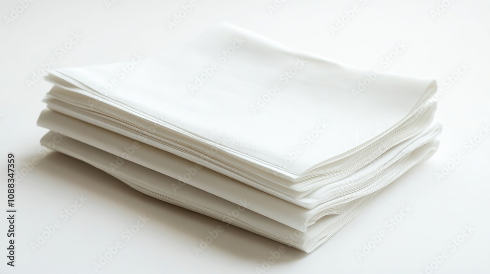 Stacked, neatly folded white paper sheets resting on a minimalist plain white background, showcasing smooth texture and crisp edges. Stacked, neatly folded white paper sheets resting on a minimalist plain white background, showcasing smooth texture and crisp edges.