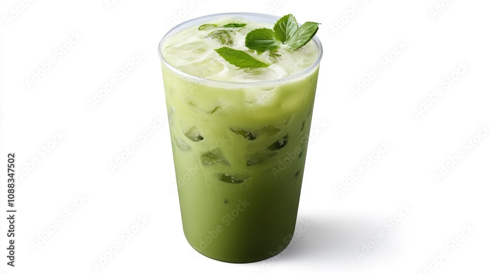 Iced matcha beverage garnished with fresh mint leaves, showcasing a vibrant green hue, presented in a clear cup against a white background. Iced matcha beverage garnished with fresh mint leaves, showcasing a vibrant green hue, presented in a clear cup against a white background.