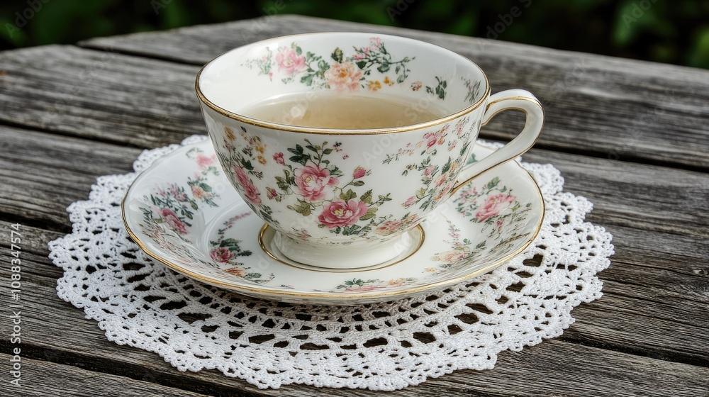 Fototapeta premium Floral patterned porcelain teacup with matching saucer on a delicate lace doily, resting on a rustic wooden table with greenery in the background.