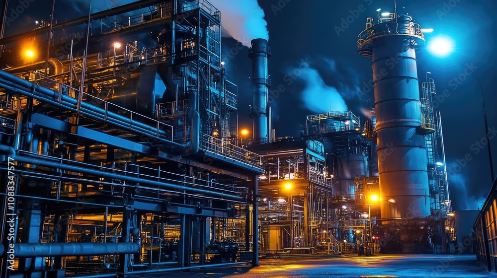Industrial Complex at Night: A Symphony of Light and Steel Industrial Complex at Night: A Symphony of Light and Steel