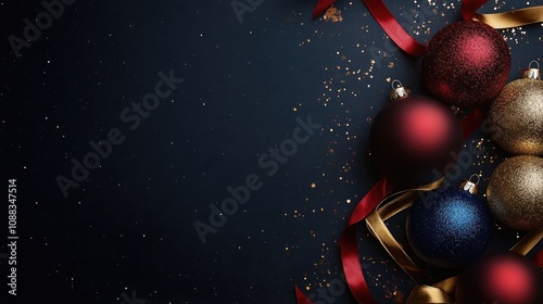 Festive red, gold, and dark blue Christmas ornaments with satin ribbons on a dark backdrop, perfect for a cheerful holiday greeting card design.