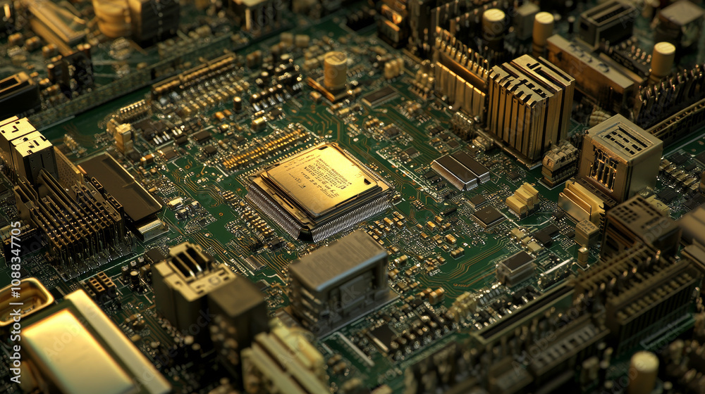 A computer's main circuit board, shown in 3D, with its processor and other chips, and electrical signals. A computer's main circuit board, shown in 3D, with its processor and other chips, and electrical signals.