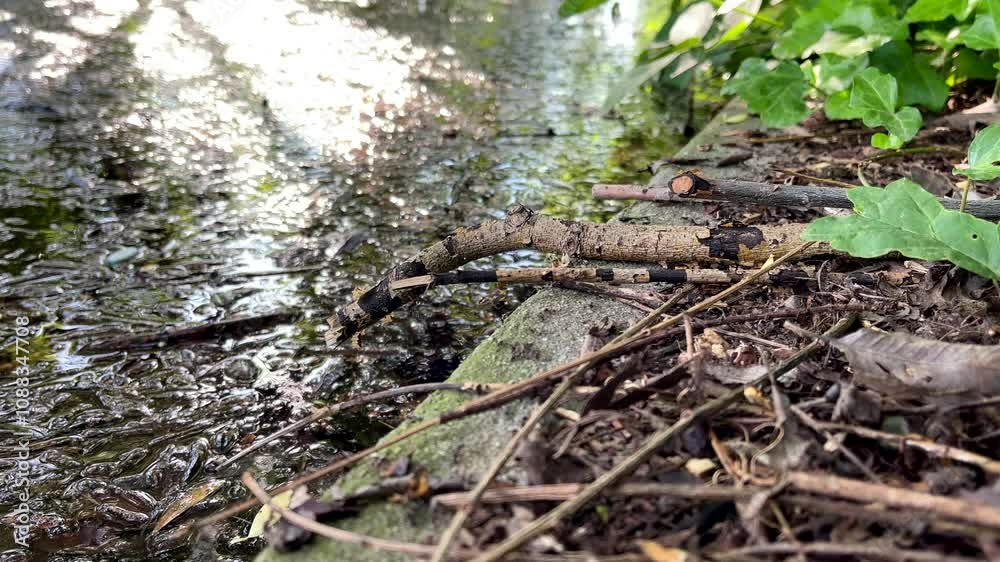 Close-up of a natural scene with ants crawling near a stick beside a textured, reflective water surface and green foliage Close-up of a natural scene with ants crawling near a stick beside a textured, reflective water surface and green foliage