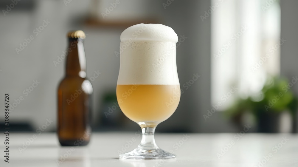 Frothy beer in a glass with a tall head perched on top, accompanied by a dark beer bottle, set against a softly blurred background on a white tabletop. Frothy beer in a glass with a tall head perched on top, accompanied by a dark beer bottle, set against a softly blurred background on a white tabletop.