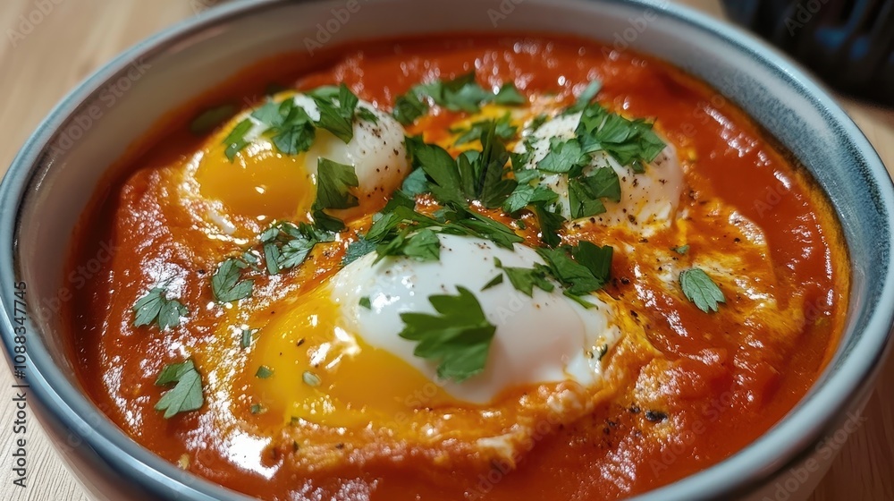 Traditional shakshuka with perfectly poached eggs nestled in a vibrant spicy tomato sauce, generously topped with fresh parsley and spices. Traditional shakshuka with perfectly poached eggs nestled in a vibrant spicy tomato sauce, generously topped with fresh parsley and spices.