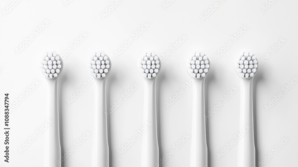 Set of five electric toothbrush replacement heads arranged upright, with one slightly angled, showcasing their white design against a clean white background. Set of five electric toothbrush replacement heads arranged upright, with one slightly angled, showcasing their white design against a clean white background.