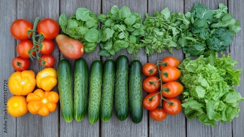 Vibrant display of assorted fresh vegetables on wooden surface featuring red tomatoes, yellow bell peppers, cucumbers, and leafy greens. photo